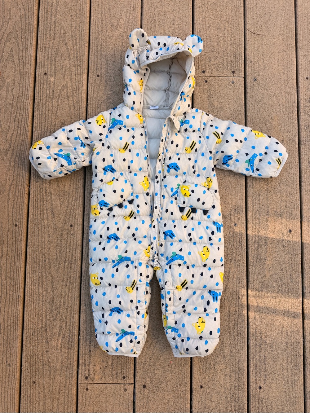 Baby Puffer One-Piece Snowsuit in Cream with Blue & Yellow Print